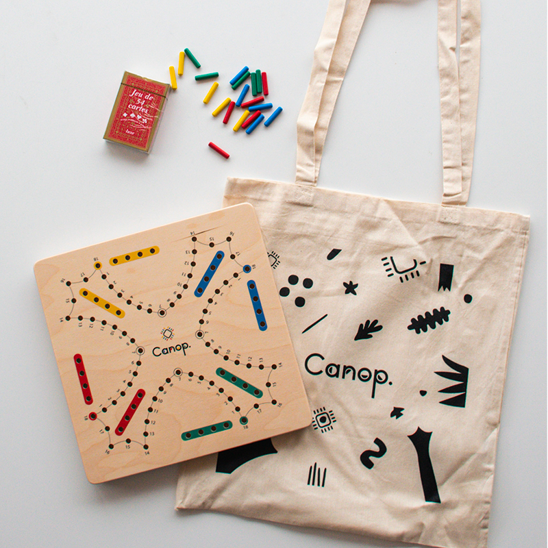 Le contenu du coffret Canop : plateau, totebag, cartes et pions